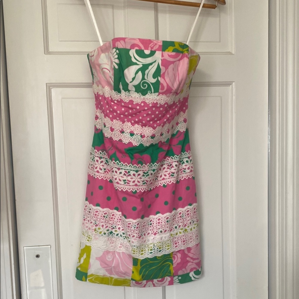 Lilly Pulitzer Pink Green Strapless Lace-Trim Mini Dress